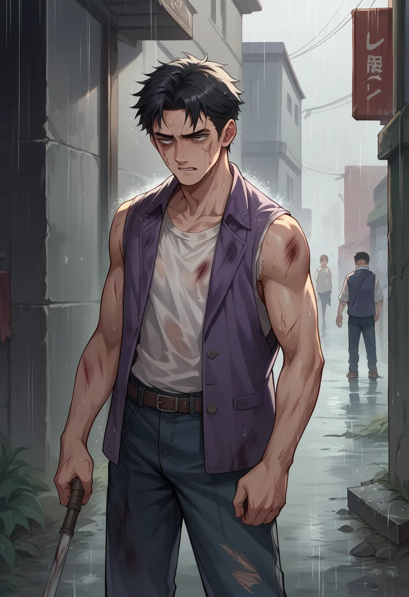 A young man with long black hair in a purple vest and dress pants with a halberd on the street of a destroyed and desolate city. The young man is very injured, injured and in the rain. 