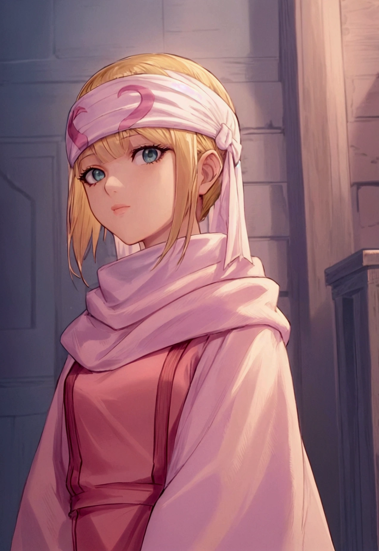 masterpiece), best quality, high resolution blonde 1girl bob cut medium hair standing alone cowl headband profile image looking at viewer beautiful eyes beautiful face extremely detailed pink clothing girly