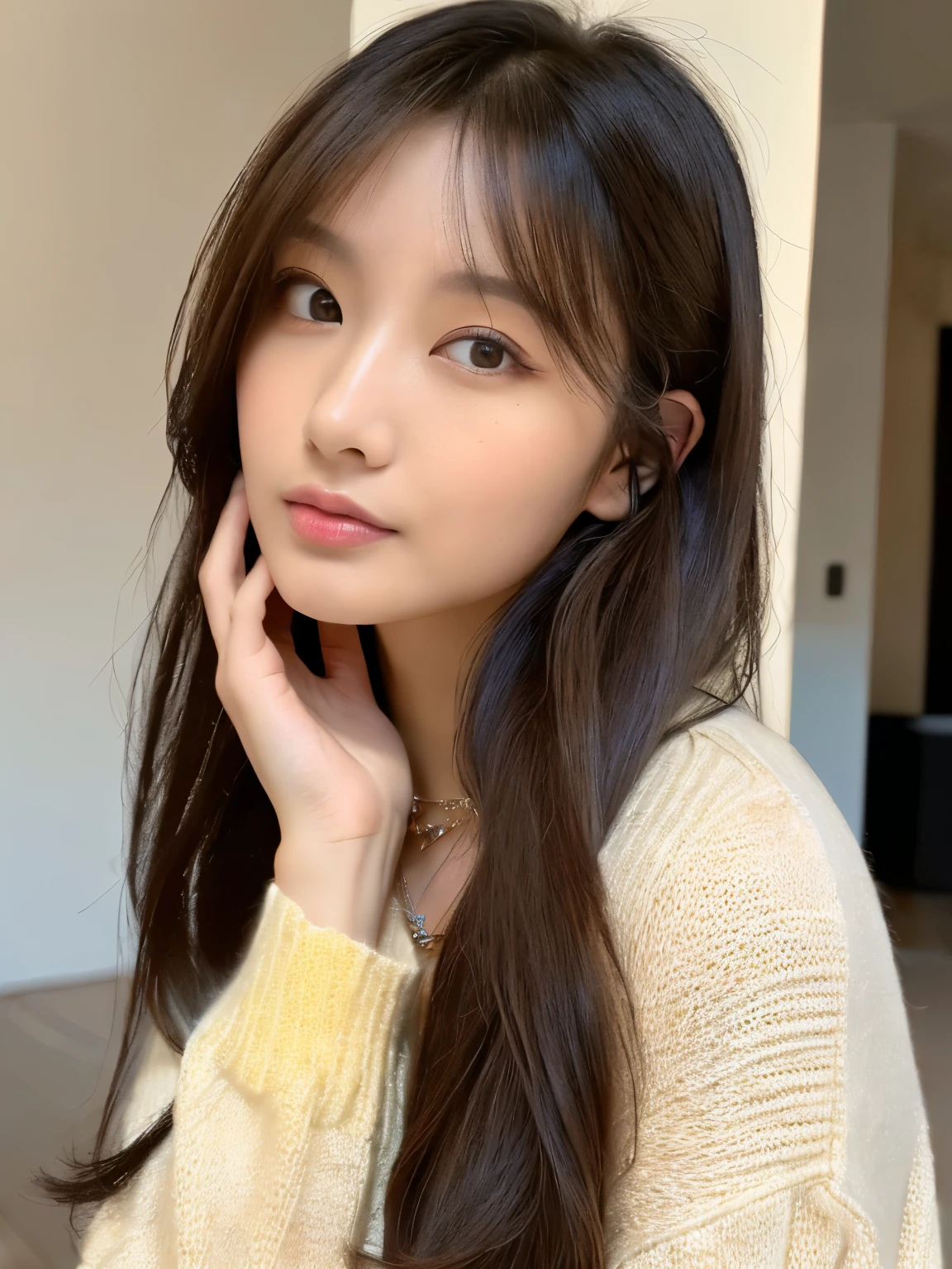 ((must-have、highest quality)),(photo realistic:1.4),(((Massew Peace、8K))、white wall、(white room)、(full body photo、Photographed in natural light、Highly detailed face and skin texture、highly detailed lips、correct state of the human body、ultra high resolution、(Photoreal:1.4)、highest qualityの1、38 years old、s、150mm Lens、light yellow knit、(Dark brown、long hair)、japanese woman、versatile pose、long look at camera、Natural Color、lip、Winter clothes、necklace、indoor