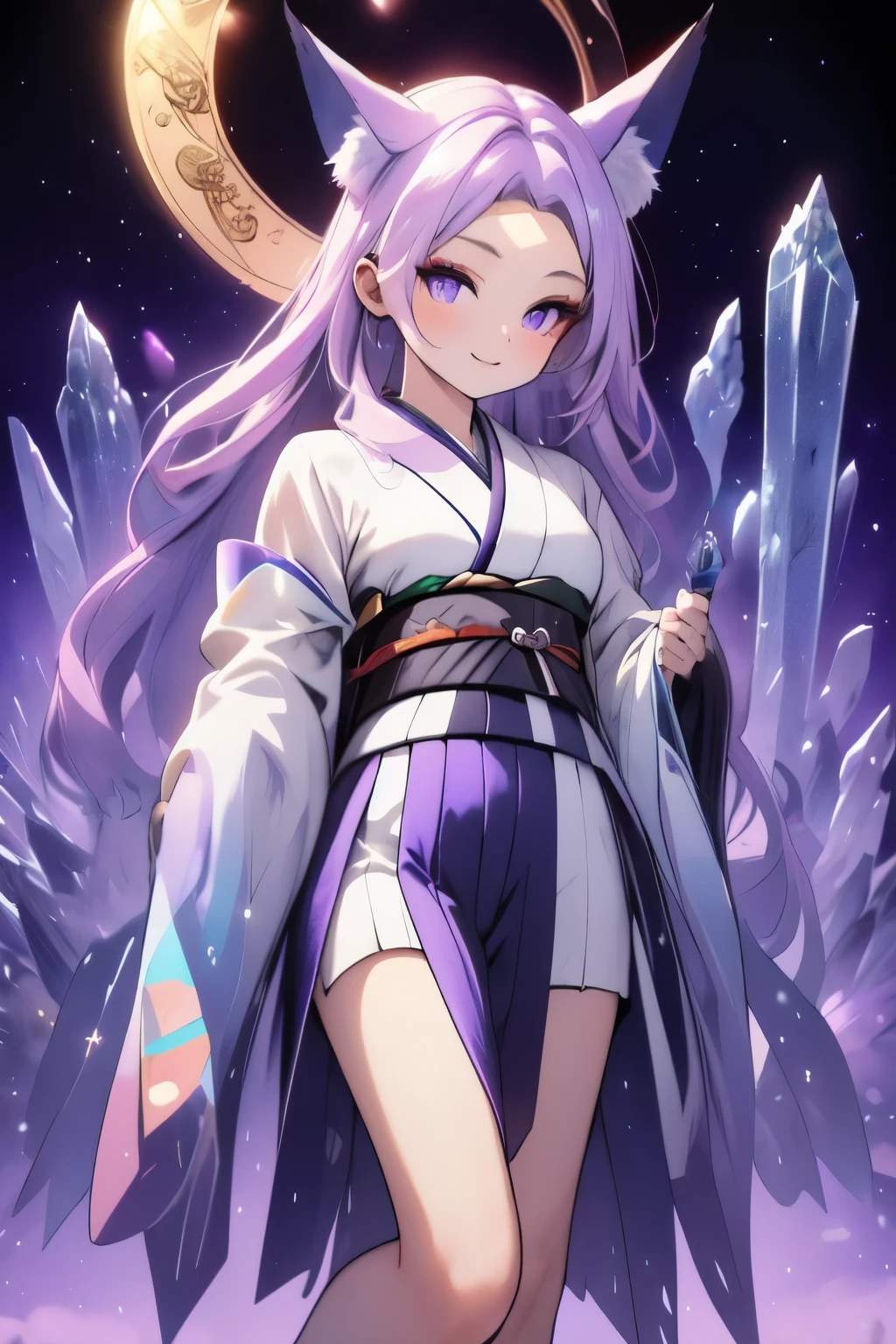 ((best quality)), ((masterpiece)), (detailed), detailed eyes, detailed hands, full-length body image, female humanoid kitsune, wearing a knee-length kimono, crystal crown on top of her head, long light purple hair, light purple fox ears, two fox tails, one crystal eight-point crystal star on forehead, delicate and beautiful detailing, beautiful face, well-proportioned detailed purple eyes, round detailed purple eyes and makeup, beautiful detailed and clear purple eyes, volume smooth and sharp, long flat bangs, fictional art, best photos, best quality, standing, very beautiful and meticulous eight-point crystal star on forehead, delicate, mouth closed smile, not fully smiling, starry background 