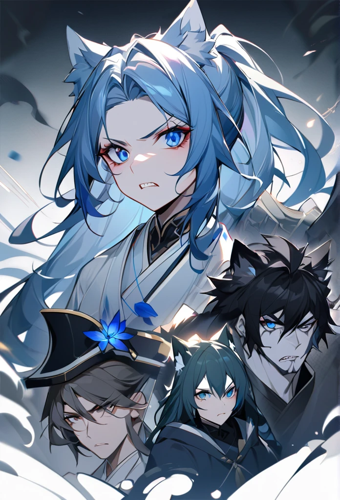 crie painel de Tian guan ci fu donghua, hybrid character with wolf ears,feminine and dominant gender, Long silver Wolfcut hair just above the shoulder, blue iris eyes,pale skin, serious expression wearing feminine and sophisticated traditional white Chinese hanfu clothes as well as accessories mature appearance. do it very closely with the dark environment and its blue eyes shining with an expression of fury and hatred, grinding its teeth, saying something
