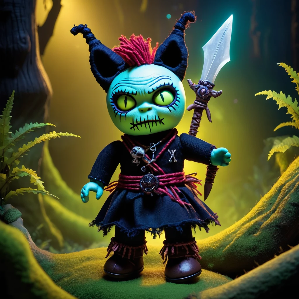 (knitted toy voodoo doll:1.7), (Voodoo Puss in Boots from Shrek in a Mystical and Horrifying Setting:1.3), (Clothing: enchanted pirate attire with dark patterns:1.0), (Accessories: enchanted sword emitting a ghostly glow, floating spectral boots:1.1), (background: dark, enchanted forest with eerie mist, glowing magical symbols, and an atmosphere of twisted fairy tales from the Shrek universe:1.2), best quality, masterpiece, detailed soft oil painting, detailed background, dramatic cinematic lighting, soft edge lighting, professional, dramatic lighting, hard edge lighting, ultra quality, 4k, masterpiece, best quality, 8k, ultra high definition, high resolution, extremely detailed