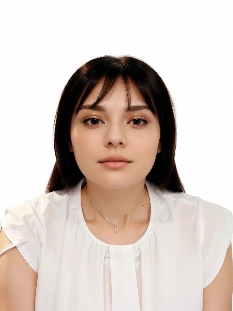 woman wearing white round neck blouse, thin necklace, hair with fringe, woman looking at the camera