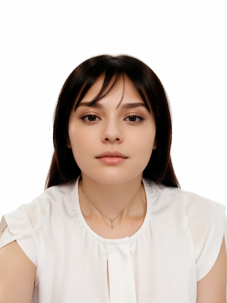 woman wearing white round neck blouse, thin necklace, hair with fringe, woman looking at the camera