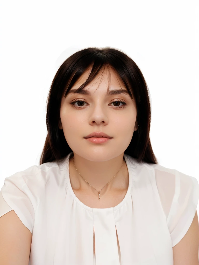 woman wearing white round neck blouse, thin necklace, hair with fringe, woman looking at the camera