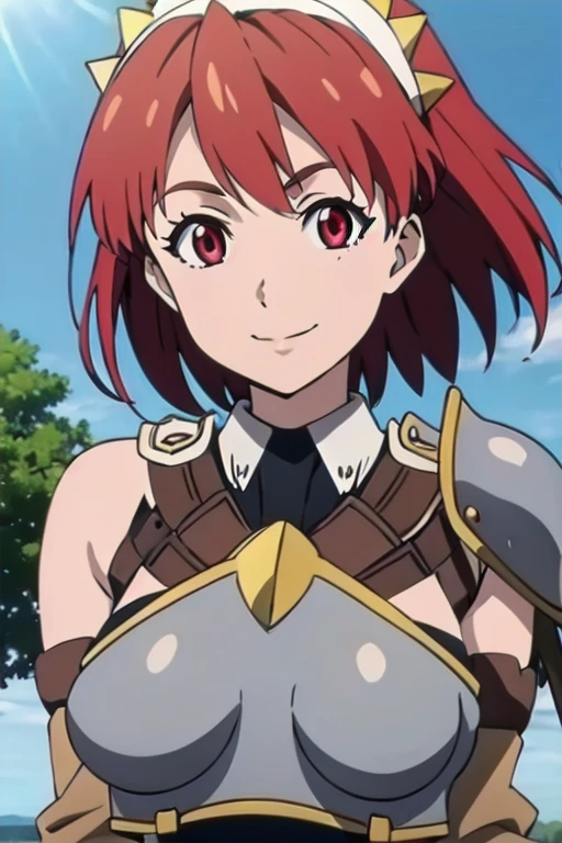 Cecily Campbell, big breasts, armor, breastplate, gloves, red hair, red eyes, 1girl, solo, looking at viewer, upper body, smile, sunny weather, outdoors, close-up