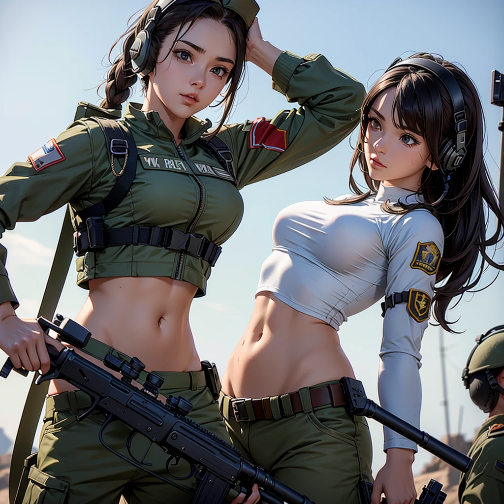 In war, Woman in white holding a rifle and wearing headphones, 24 year old woman, young soldier, mechanized young soldier, Military Girl, beautiful female soldier, Female lead character, Military Girlราบ, Girl's sniper at war, solo female character, Future combat equipment, Half-body close-up, Woman wearing military bulletproof crop top, Show navel, Wear tactical equipment, Wear tactical armor., (realistic navel shape)