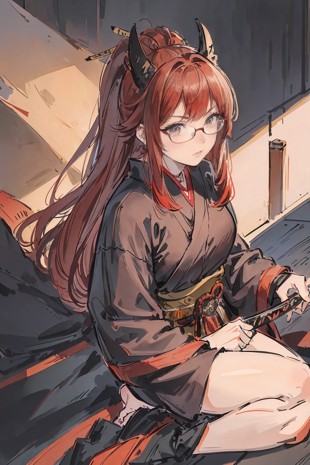 Ninja girl, a red haired , wearing a black sumo armor, long hair, fasion hair, samurai armor, slim body, shirt ornament, hakama, tall 165cm, 22yearold, samurai, katana, female, beautiful, vilian face, wearing glasses