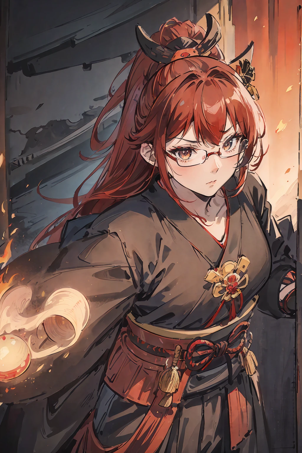 Ninja girl, a red haired , wearing a black sumo armor, long hair, fasion hair, samurai armor, slim body, shirt ornament, hakama, tall 165cm, 22yearold, samurai, katana, female, beautiful, vilian face, wearing glasses