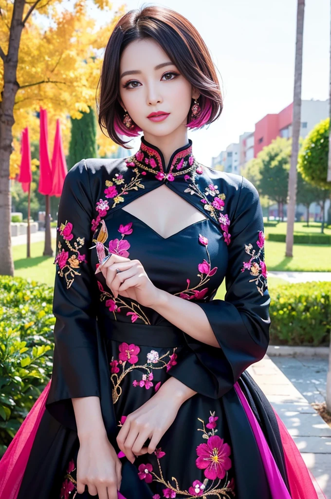 (masterpiece:1.4), (best quality:1.4), ultra high res, ultra high resolution, ((detailed facial features)), HDR, (realistic, photorealistic, photo-realistic:1.37), full body Esbian, sexy Vietnamese model, (-anime), vivid colors, ((vivid colors multicolor (red, fuchsia) very short hair)), (happy smile), lip-gloss, long lashes, ultra detailed metallic makeup, defined eyebrows, wearing large sparkling colorful jewelery, wearing a red silk Paradise Kiss cosplay dress with black floral embroidery, ((vivid colors outfit)), vivid colors, look at the camera, cinematic light, large park background with trees, sweet and sexy pose
