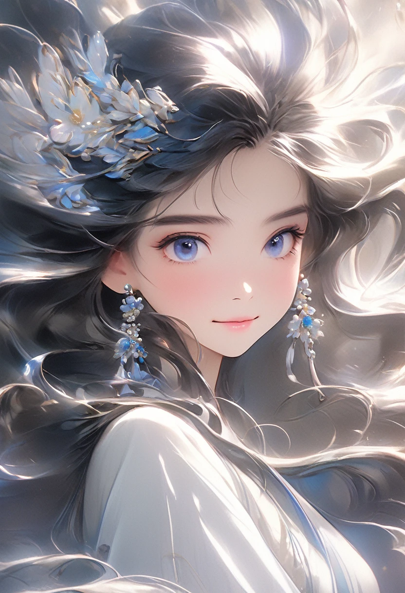Chinese Girl, Sweet and charming girl, big eyes, illustration, Long hair, Weaving, Fluffy hair, front, Film Angle, Reflective hair, 水汪汪的big eyes, Watching you, Facial details, facial Key Points, masterpiece, 最OK质量, Extremely refined, Dynamic Angle, Intricate details, Beautiful and delicate eyes, Delicate face, Exquisite facial features, gentle lips, real, charming, Key Points, Clear lines, 8K high resolution, OK, Smile, Wearing a white dress, Stylish and beautiful, Depth of Field