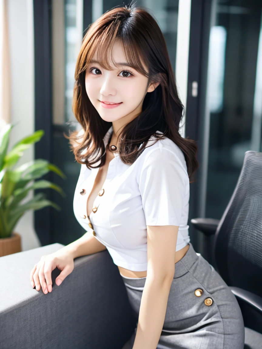 Japanese women、sexy,Fine skin、Star Piece、Beautiful breasts High quality、Perfect Sentence、so beautiful、High resolution face、light makeup、Beautiful ass high quality、Glowing Beautiful Skin、Glowing Beautiful Skin step piece、Transparent beauty、Realistic、smile、Looking into the camera、Whitening skin、maStar Piece、Wavy Hair、she、A fitted shirt with a collar and buttons、Tight mini skirt、(Large Breasts)、Slim and beautiful legs、thin、sit in office chair