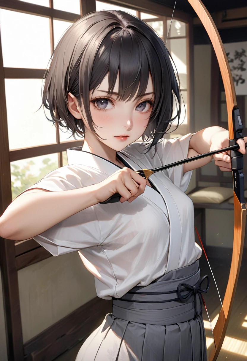 {{masterpiece、Highest quality、(((Realistic、Realistic:1.37)))、One Girl, 8K quality、Very delicate and beautiful、wonderful、Large file size、Very detailed、Very detailed、Cinema Lighting}}、Small breasts, Hinyuu,Tomboy,Looks like a boy,Short Hair,Short sleeve,,Bow and Arrow,Target,aiming Target,(White kimono) (Gray Hakama),kimono,Japanese Dojo, Drawing Bow Anatomically Accurate Body Drawing、The rooms and gardens of Japanese feudal lords&#39;residence of、With a bow and arrow in hand，Combat Stance