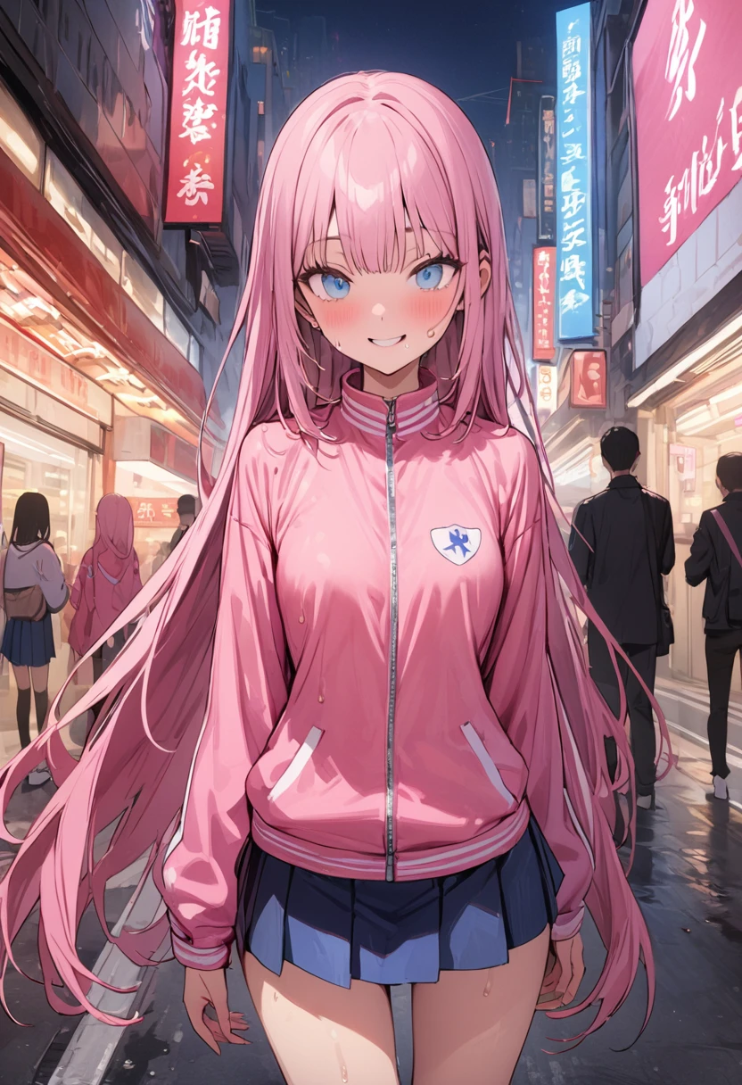 ((masterpiece,Highest quality:1.3,best quality illustration)),cowboy shot,独奏,1woman,((Mature Beauty)),pink hair,straight long hair,bangs,light blue eyes,(gorgeous eyes),((very small head:1.3)),fun,smile,((very long body:1.2,skinny)),small breasts,((Pink baseball jacket、Navy blue pleated mini skirt)),navy blue sports socks、White sneakers、walk、gleaming skin,oily skin,slender body,sweat,standing,on street,Shibuya Station、