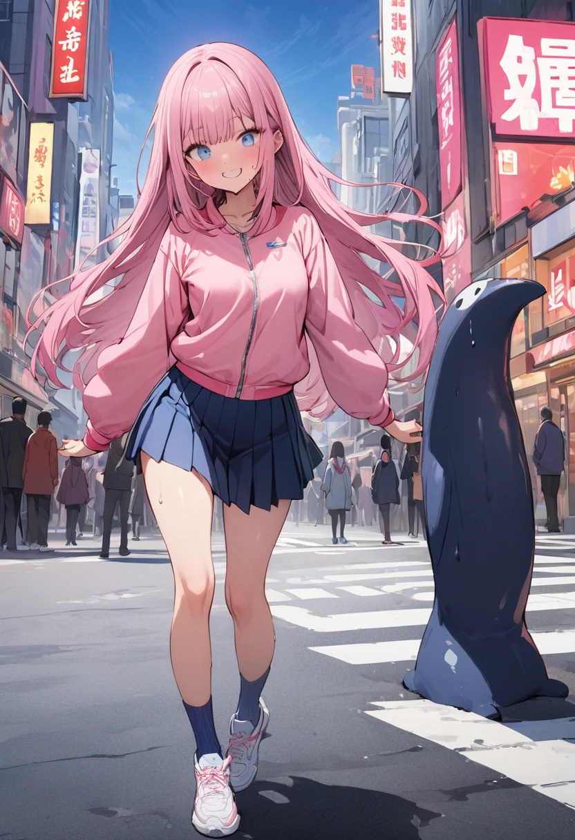 ((masterpiece,Highest quality:1.3,best quality illustration)),cowboy shot,独奏,1woman,((Mature Beauty)),pink hair,straight long hair,bangs,light blue eyes,(gorgeous eyes),((very small head:1.3)),fun,smile,((very long body:1.2,skinny)),small breasts,((Pink baseball jacket、Navy blue pleated mini skirt)),navy blue sports socks、White sneakers、walk、gleaming skin,oily skin,slender body,sweat,standing,on street,Shibuya Station、