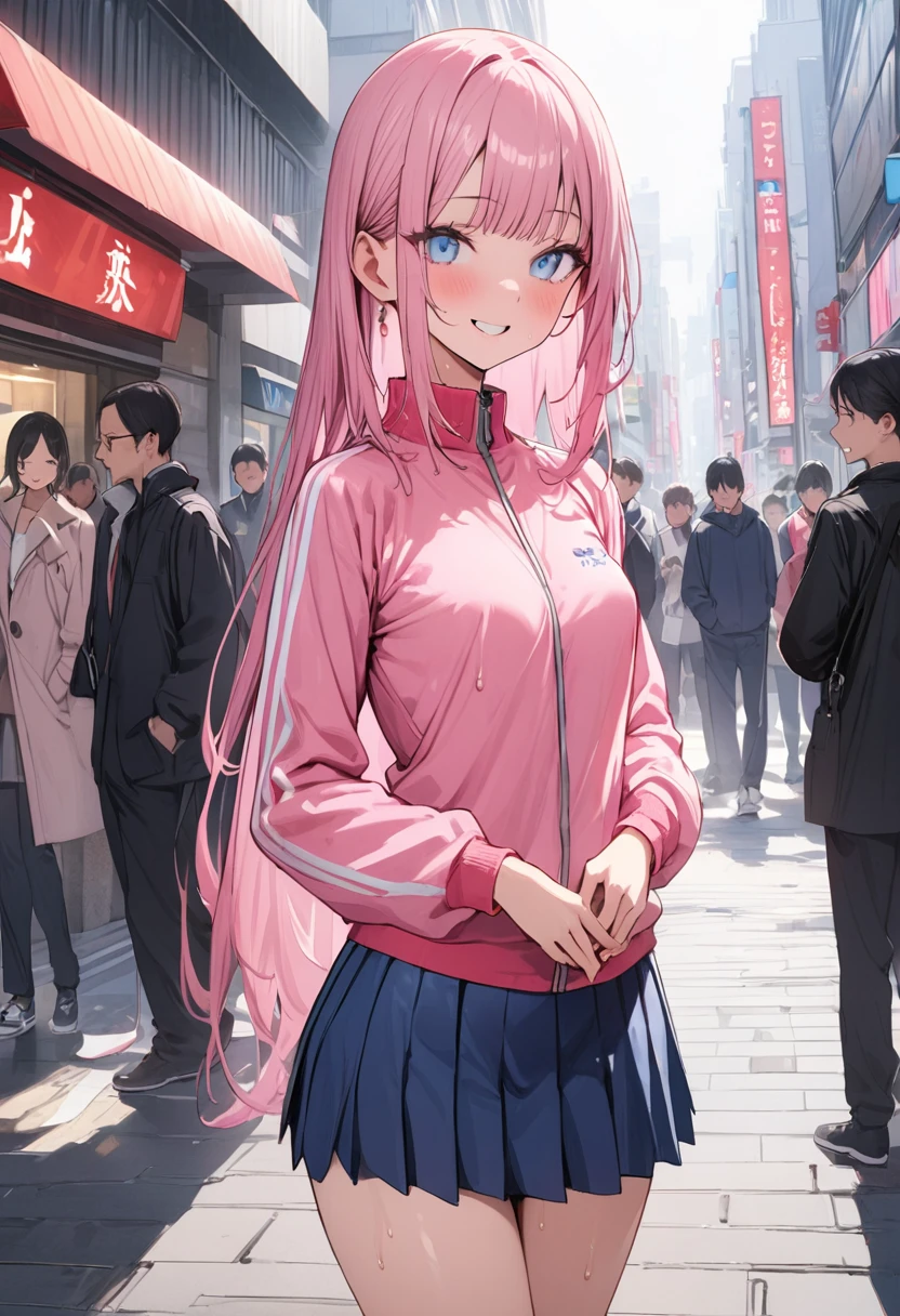 ((masterpiece,Highest quality:1.3,best quality illustration)),cowboy shot,独奏,1woman,((Mature Beauty)),pink hair,straight long hair,bangs,light blue eyes,(gorgeous eyes),((very small head:1.3)),fun,smile,((very long body:1.2,skinny)),small breasts,((Pink baseball jacket、Navy blue pleated mini skirt)),navy blue sports socks、White sneakers、walk、gleaming skin,oily skin,slender body,sweat,standing,on street,Shibuya Station、