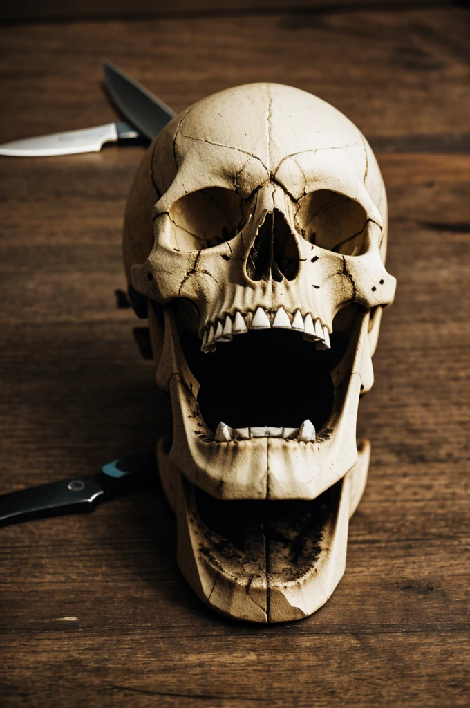 Create a skull with a knife between its teeth