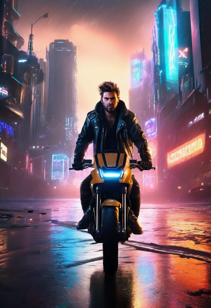 a space cowboy, male, detailed handsome face, piercing eyes, rugged features, messy hair, wearing a leather jacket, riding a futuristic hoverbike, in a cyberpunk city landscape, neon lights, rainy atmosphere, cinematic lighting, photorealistic, 8k, (best quality,4k,8k,highres,masterpiece:1.2),ultra-detailed,(realistic,photorealistic,photo-realistic:1.37),concept art,dramatic colors,moody