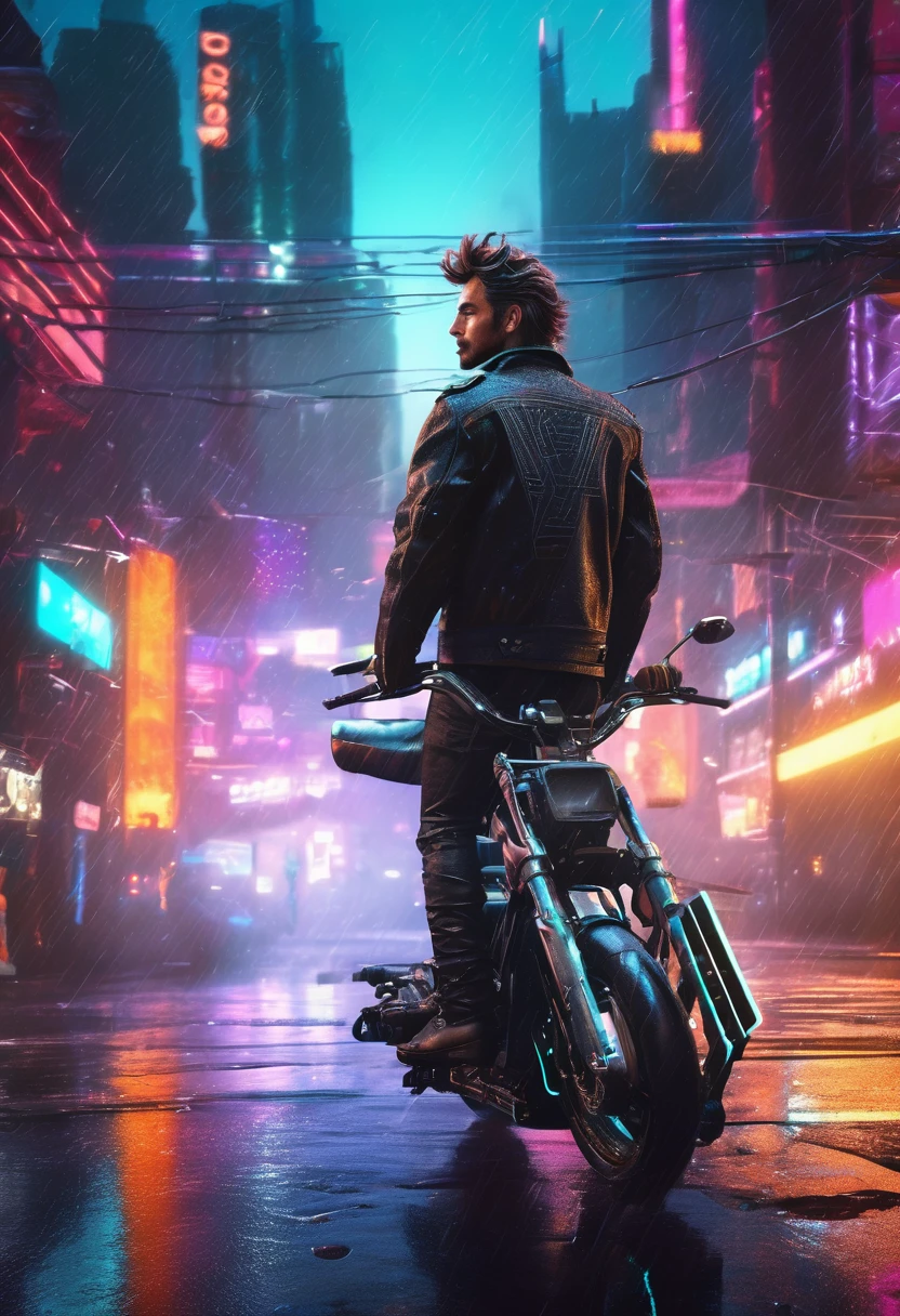a space cowboy, male, detailed handsome face, piercing eyes, rugged features, messy hair, wearing a leather jacket, riding a futuristic hoverbike, in a cyberpunk city landscape, neon lights, rainy atmosphere, cinematic lighting, photorealistic, 8k, (best quality,4k,8k,highres,masterpiece:1.2),ultra-detailed,(realistic,photorealistic,photo-realistic:1.37),concept art,dramatic colors,moody
