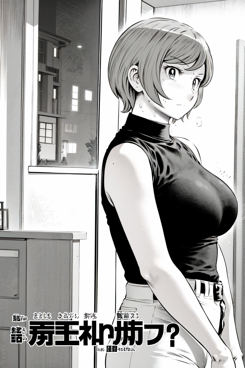 、(masterpiece、Highest quality)、Highest quality, Ultra-high resolution, (((masterpiece))), alone, Sweat、Big eyes,Tight black shirt、Tight white pants、belt、indoor、Composition from the front、(Cut the back hair short、short hair、blonde、woman)、Shortcuts、Embarrassed face、Cut your hair short、可愛いwomanの子、Big Breasts、office