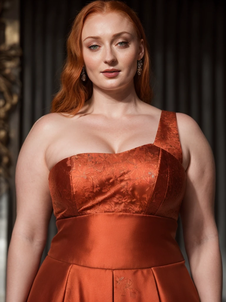 Face of Sophie Turner, Sansa Stark played by Sophie Turner, the de facto Lady of the Eyrie, is a 50-year-old mature queen with a stunning, alluring appearance. Full Face, Full figured woman, pierced eyes, reddish lips, upper body shot, erotic Mediaeval costumes, game of thrones costumes, She wears a Game of Thrones-inspired costume and has a deep cleavage, a perfect thick body, and a perfect thick figure. The photograph captures her in a close-up, with her skin texture and facial features being ultra-realistic and realistic. Juicy thick figure, high quality skin, Skin pores, amazing details, snow, snow flakes, semi realistic, extremely detailed eyes, dark moody orange and black settings, cool environment, artificial intelligence