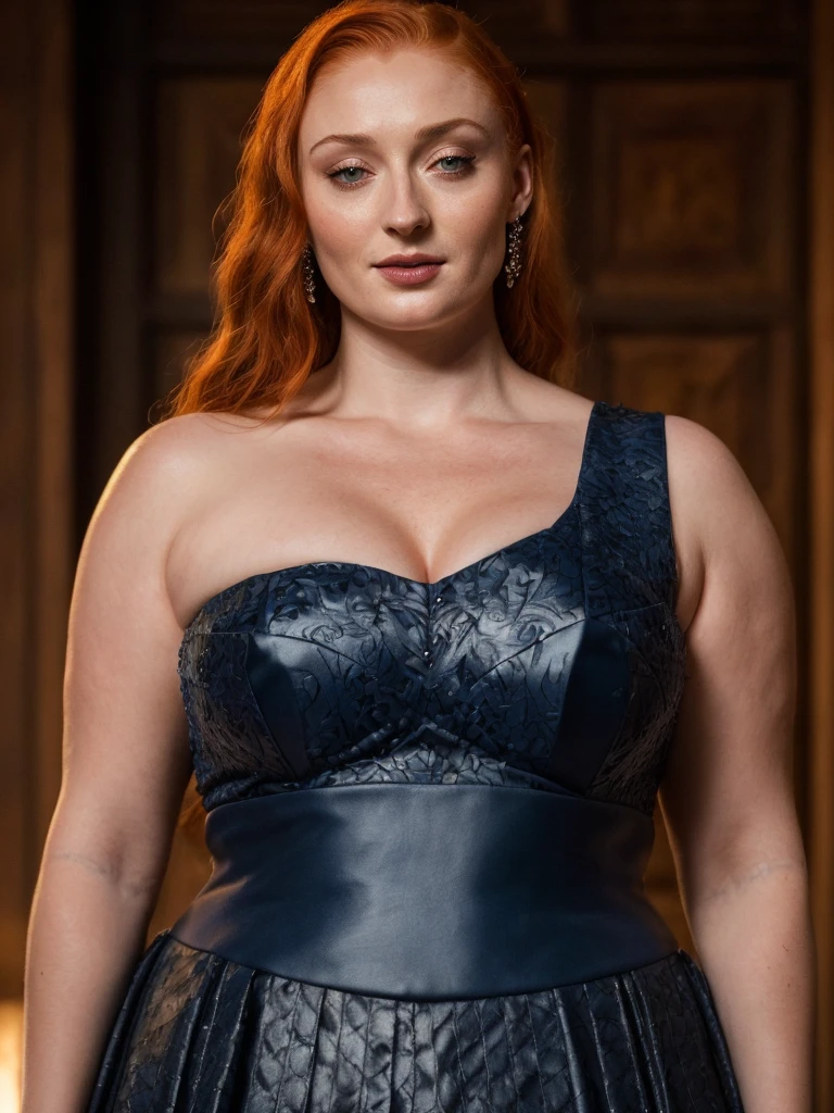 Face of Sophie Turner, Sansa Stark played by Sophie Turner, the de facto Lady of the Eyrie, is a 50-year-old mature queen with a stunning, alluring appearance. Full Face, Full figured woman, pierced eyes, reddish lips, upper body shot, erotic Mediaeval costumes, game of thrones costumes, She wears a Game of Thrones-inspired costume and has a deep cleavage, a perfect thick body, and a perfect thick figure. The photograph captures her in a close-up, with her skin texture and facial features being ultra-realistic and realistic. Juicy thick figure, high quality skin, Skin pores, amazing details, snow, snow flakes, semi realistic, extremely detailed eyes, dark moody orange and black settings, cool environment, artificial intelligence