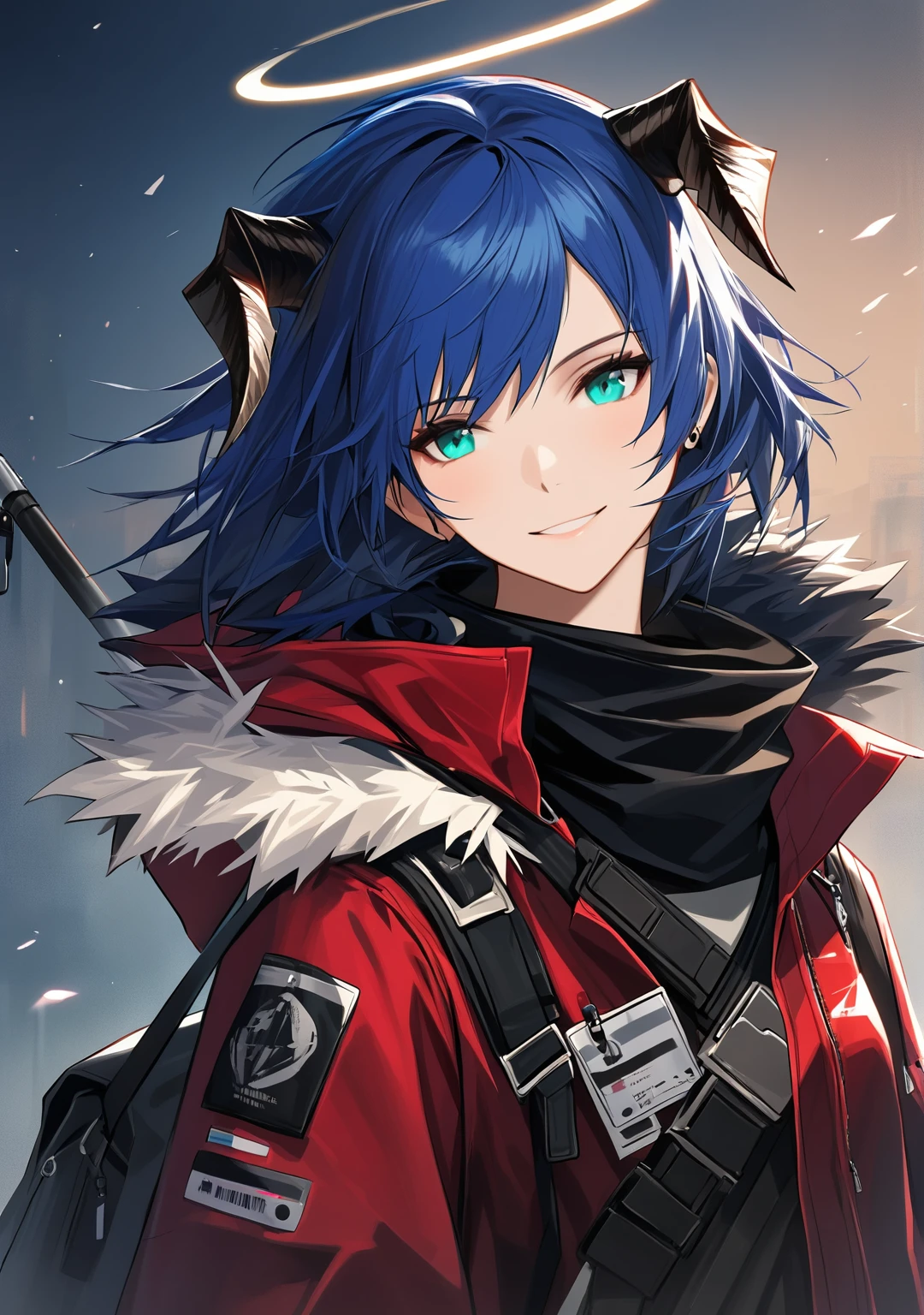 (woman), ((Mostima from arknights)), masterpiece, best quality, blue hair, ((short hair)), horns, plain white shirt, red fullbody coat, red hood, dark blue eyes, realistic anime style, smiling, ((portrait)), black gloves, carring a bag, halo.
