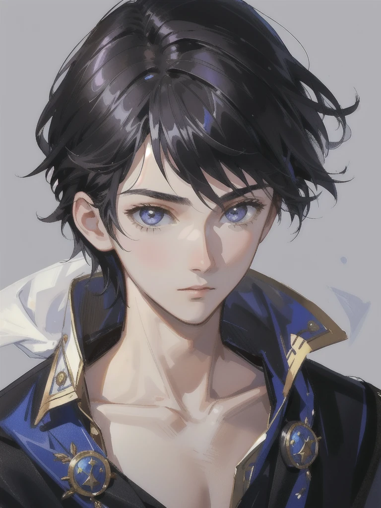12 years old boy with black hair and eyes, calm face, young face, only focus on body and face, calm demeanor, hide hands, medival outfit, renaisans era.