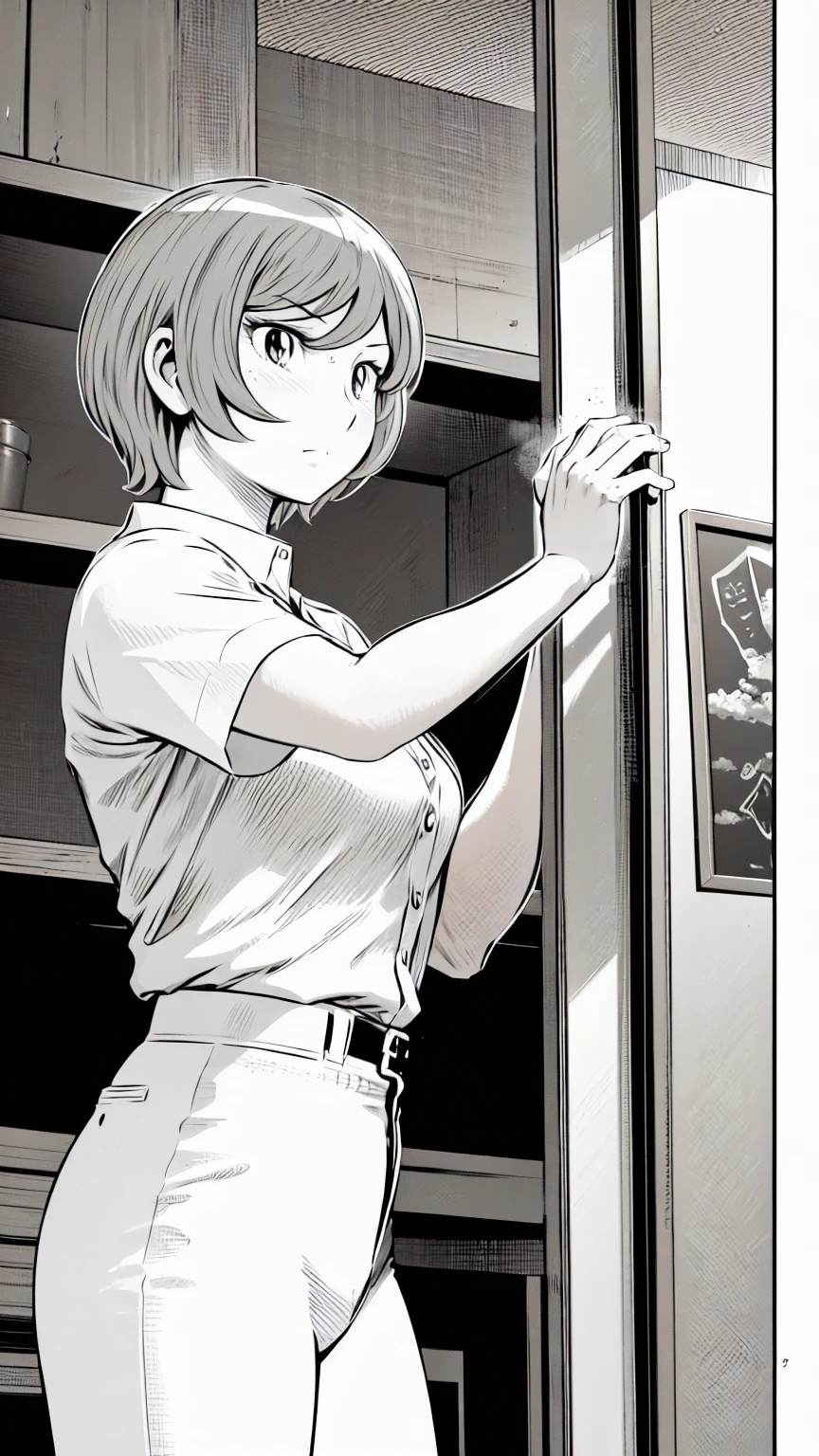 、(masterpiece、Highest quality)、Highest quality, Ultra-high resolution, (((masterpiece))), alone, Sweat、Big eyes,Tight black shirt、Tight white pants、belt、indoor、Composition from the front、(Cut the back hair short、short hair、blonde、woman)、Shortcuts、Embarrassed face、Cut your hair short、可愛いwomanの子、Big Breasts、Inside the room、Full Color、Baseball uniform