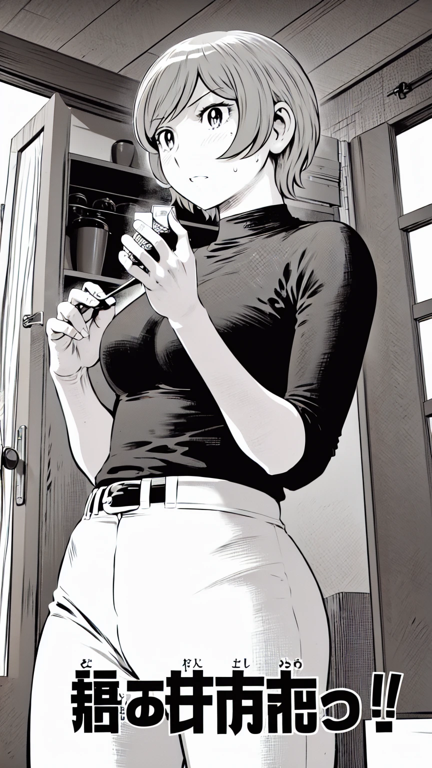 、(masterpiece、Highest quality)、Highest quality, Ultra-high resolution, (((masterpiece))), alone, Sweat、Big eyes,Tight black shirt、Tight white pants、belt、indoor、Composition from the front、(Cut the back hair short、short hair、blonde、woman)、Shortcuts、Embarrassed face、Cut your hair short、可愛いwomanの子、Big Breasts、Inside the room、Full Color、Baseball uniform