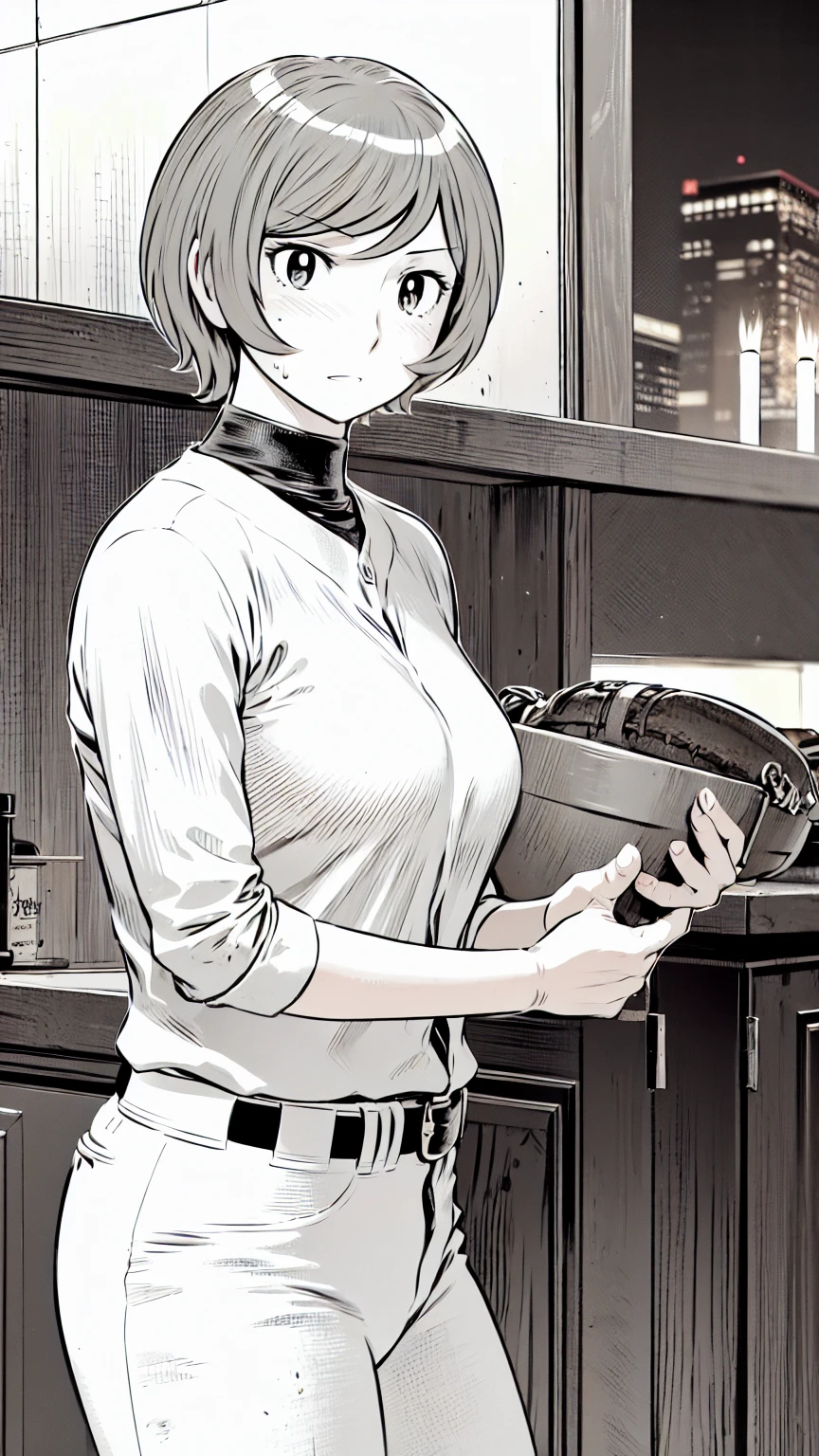 、(masterpiece、Highest quality)、Highest quality, Ultra-high resolution, (((masterpiece))), alone, Sweat、Big eyes,Tight black shirt、Tight white pants、belt、indoor、Composition from the front、(Cut the back hair short、short hair、blonde、woman)、Shortcuts、Embarrassed face、Cut your hair short、可愛いwomanの子、Big Breasts、Inside the room、Full Color、Baseball uniform
