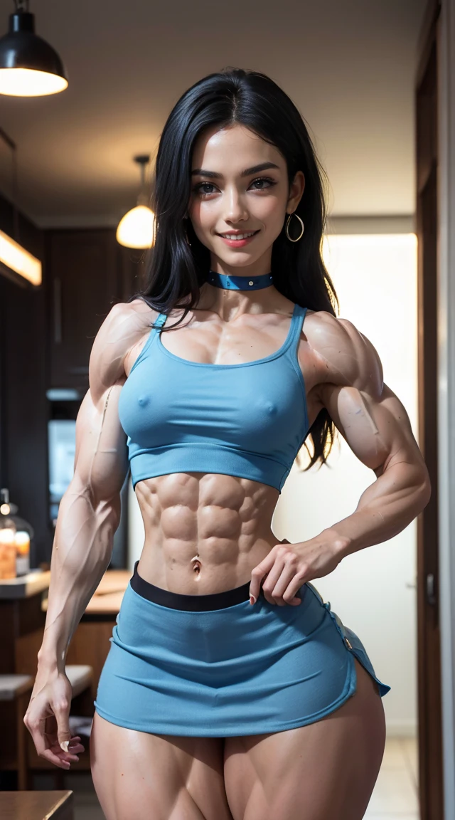 (Muscular:2.5), (thick thighs:2.5),
(latina female:1.5), (pale skin:1.4), (long black hair:1.6), (big smile:1.7), long hair, (blue eyes),
(stud earrings, lipstick, eyeshadow:1.2),
(hard nipples:1.2),
choker, (blue sundress, midriff:2),
looking at viewer, (three quarter view:1.6), (upper body view:1.2), (standing up:1.2),
highrise living room, (nighttime:1.3), rim lighting, two tone lighting, dim lighting, soft lighting, bokeh, detailed skin, detailed eyes