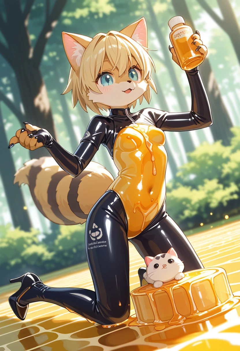 Highest quality, Highest quality, High quality illustrations, masterpiece, Ultra-high resolution, Detailed Background, honeycomb, in the forest, Absurd, Perfect Anatomy, performance, Good lighting, Shadows in the movies(kemono, Furry PersonifiCation), Cat, bee, Rubber suit, Honey Latex, Honey Lotion, neon, neonカラー, cyber punk, beeのコスチューム, beeのコスプレ, ゴム製のbeeのしっぽ, beeの羽, enamel, Honey Pool, Honey Lotionを浴びている, bee蜜のスライムで覆われた, Kneel, Tattoo, High heels, Dynamic Angle