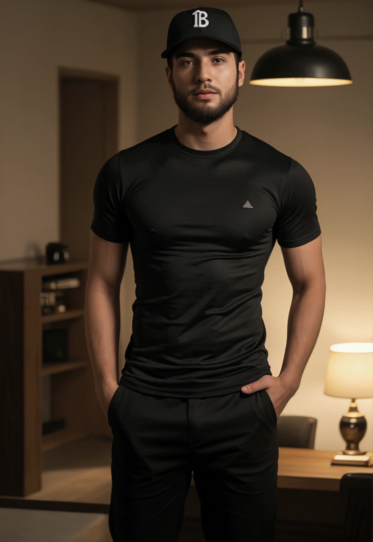 A young 27 year old man, bonitas, charming, athletic body, wearing a black t-shirt tight to the body, super realistico, cinematic effect, His hair is short and he is wearing a black baseball cap with a curved brim., he has a very light and low beard, background with dark environment, good lighting as if it were a scene from a movie, 8k, ultra realisitic, sharp.