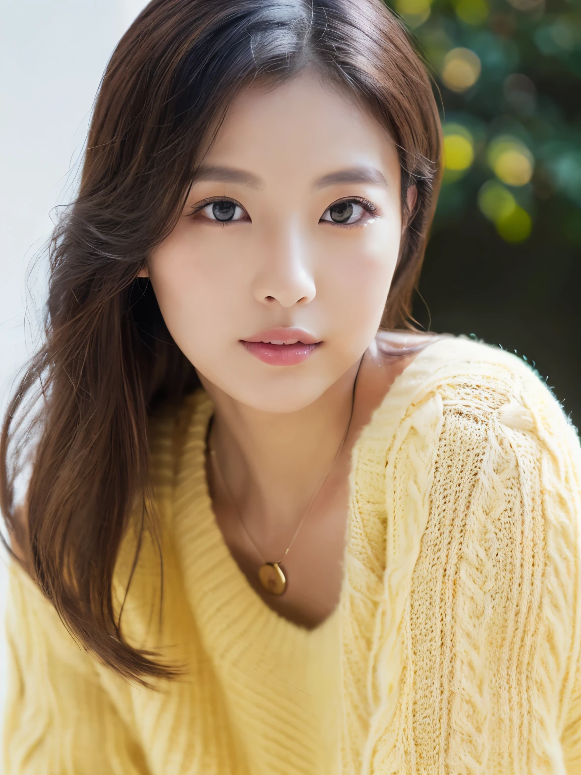((must-have、highest quality)),(photo realistic:1.4),(((Massew Peace、8K))、white wall、(white room)、(full body photo、Photographed in natural light、Highly detailed face and skin texture、highly detailed lips、correct state of the human body、ultra high resolution、(Photoreal:1.4)、highest qualityの1、38 years old、s、150mm Lens、light yellow knit、(Dark brown、long hair)、japanese woman、versatile pose、long look at camera、Natural Color、lip、Winter clothes、necklace、indoor