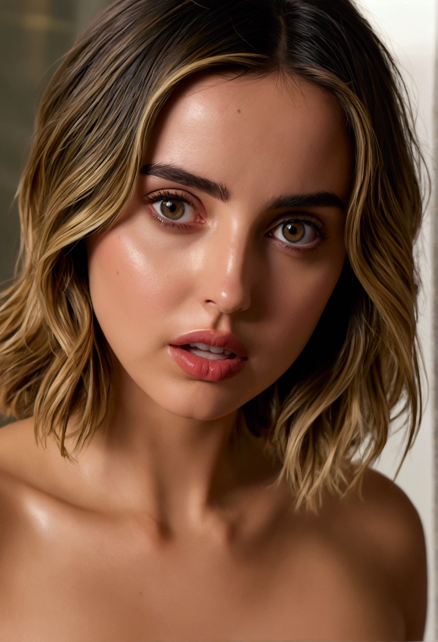 Ana de Armas naked,extreme pleasure reflected on her face,Realistic 8k image, pussy squirt,Side image focus appreciating her body and vagina