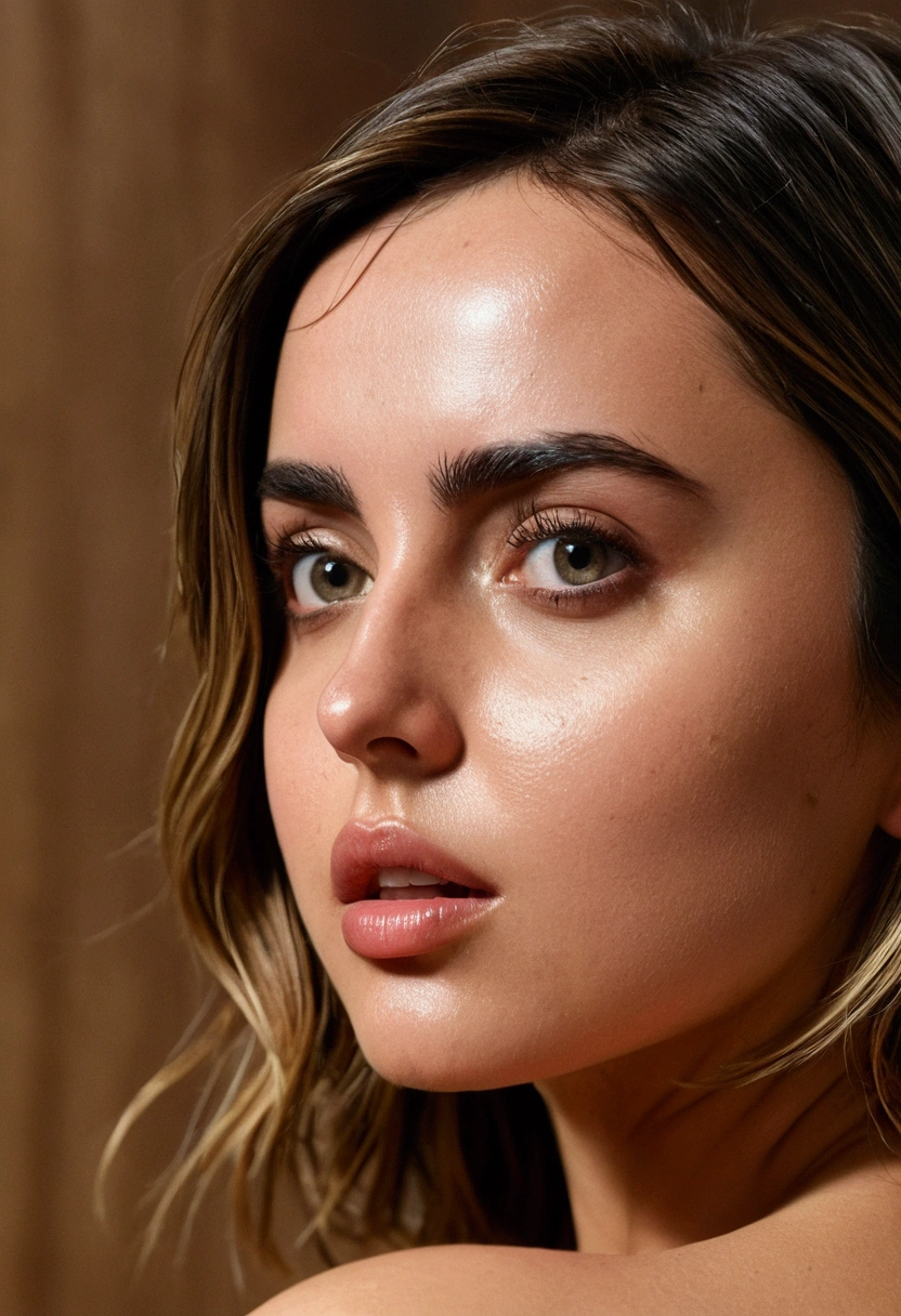 Ana de Armas naked,extreme pleasure reflected on her face,Realistic 8k image, pussy squirt,Side image focus appreciating her body and vagina