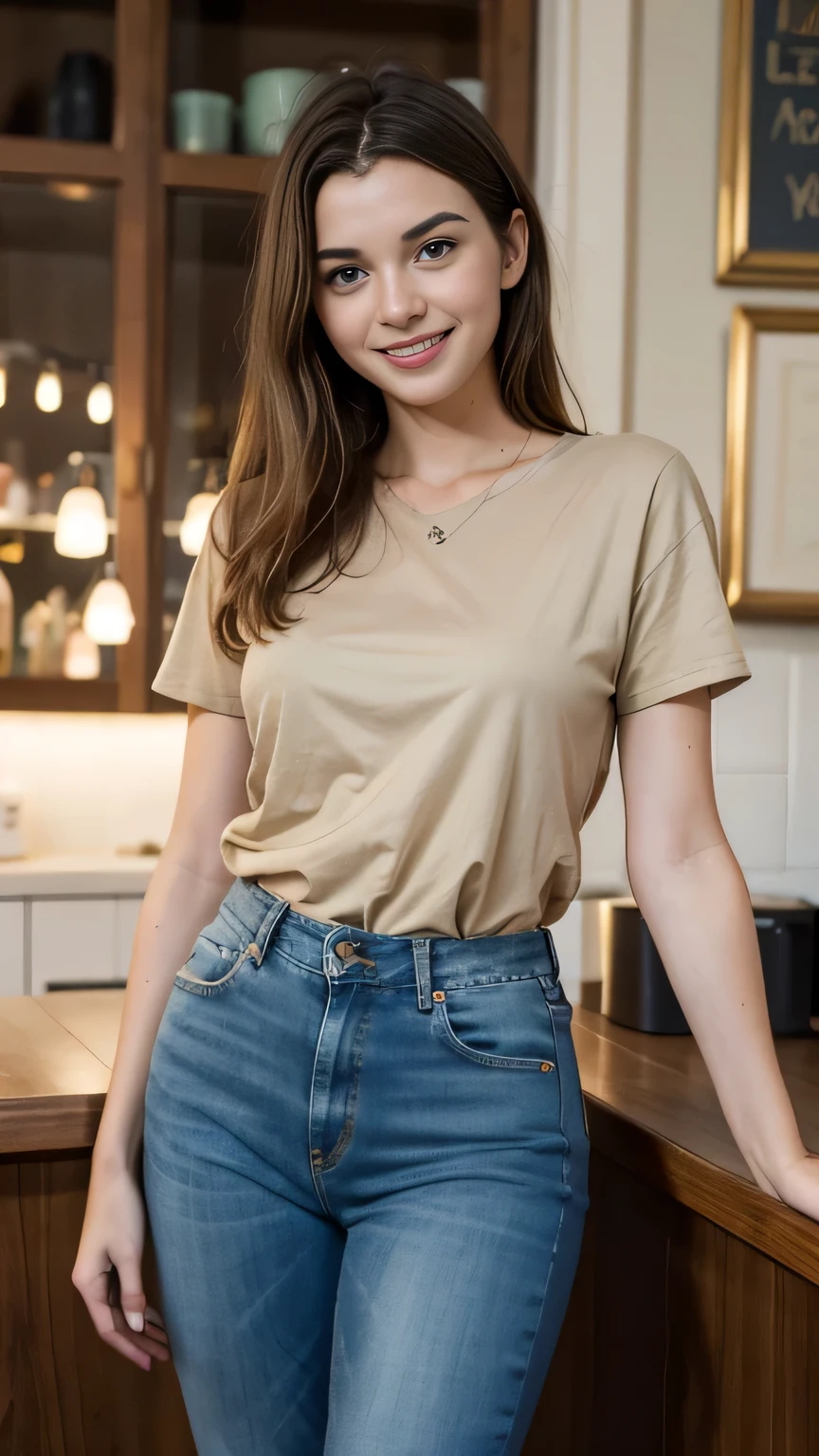 Masterpiece, Best Quality, 8k, 18 years, europea, beautiful, whole body, absurd, Award-winning portrait, SMILE, SMILE, pure, french girl, SMILE feliz, Brown hair, with short green shirt, usa jeans, whole body, is in a cafe at night. 