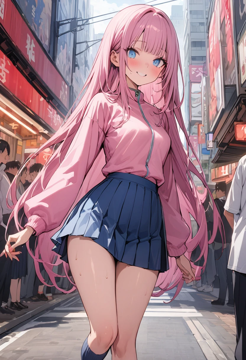 ((masterpiece,Highest quality:1.3,best quality illustration)),cowboy shot,独奏,1woman,((Mature Beauty)),pink hair,straight long hair,bangs,light blue eyes,(gorgeous eyes),((very small head:1.3)),fun,smile,((very long body:1.2,skinny)),small breasts,((Pink baseball jacket、Navy blue pleated mini skirt)),navy blue sports socks、White sneakers、walk、gleaming skin,oily skin,slender body,sweat,standing,on street,Shibuya Station、