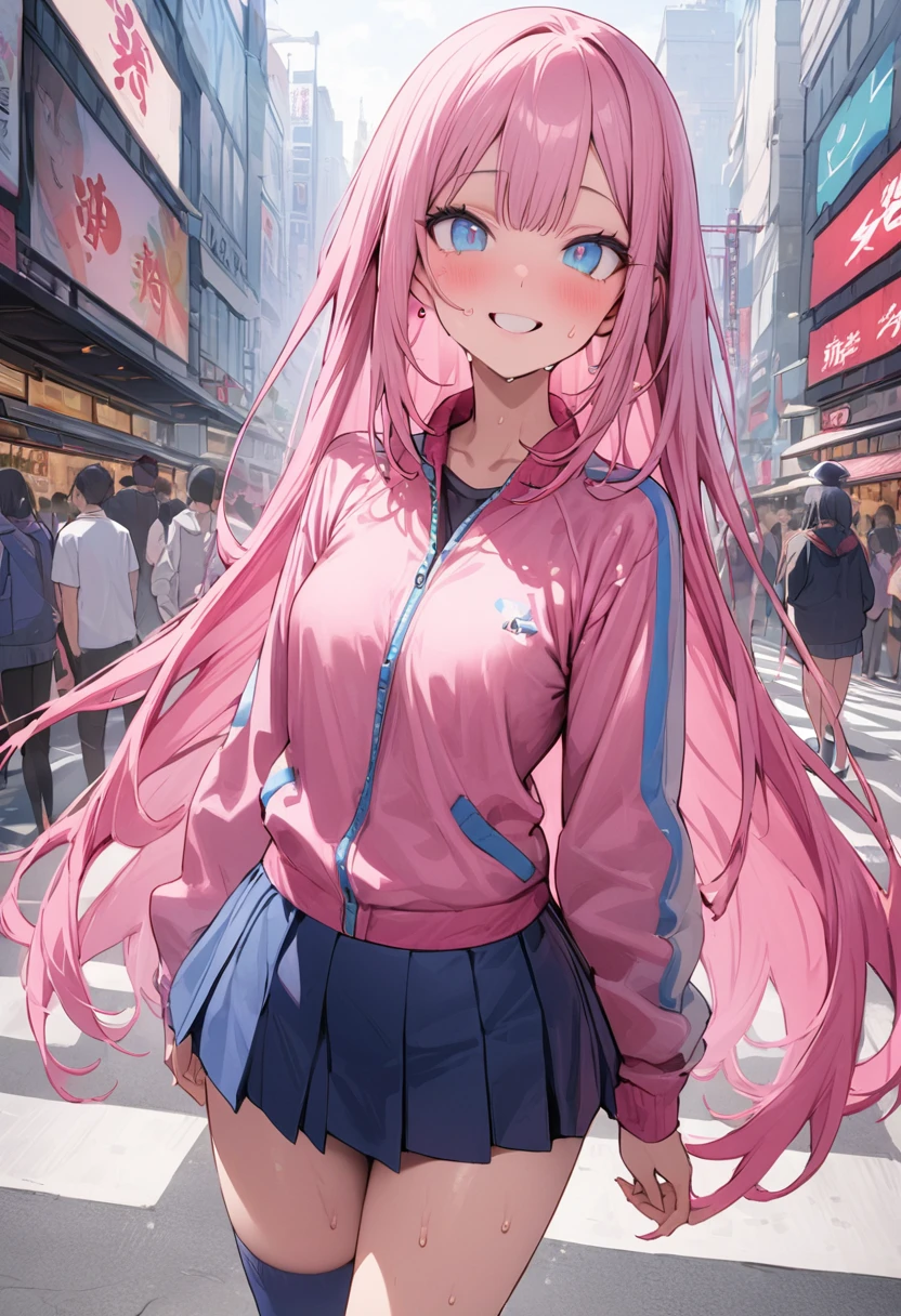 ((masterpiece,Highest quality:1.3,best quality illustration)),cowboy shot,独奏,1woman,((Mature Beauty)),pink hair,straight long hair,bangs,light blue eyes,(gorgeous eyes),((very small head:1.3)),fun,smile,((very long body:1.2,skinny)),small breasts,((Pink baseball jacket、Navy blue pleated mini skirt)),navy blue sports socks、White sneakers、walk、gleaming skin,oily skin,slender body,sweat,standing,on street,Shibuya Station、