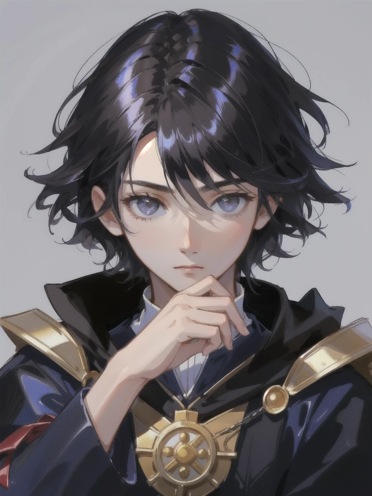 12 years old boy with black hair and eyes, calm face, young face, only focus on body and face, calm demeanor, hide hands, medival outfit, renaisans era.