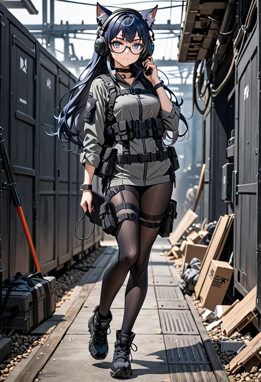8K Ultra High-Quality, ultra-detailed, High quality, Dark Blue hair, Long hair, Headset, Goggles, cat girl, Grey Tactical clothes, Military clothes, black spandex under clothes, body harness, Looking at viewer, choker, glasses, full body