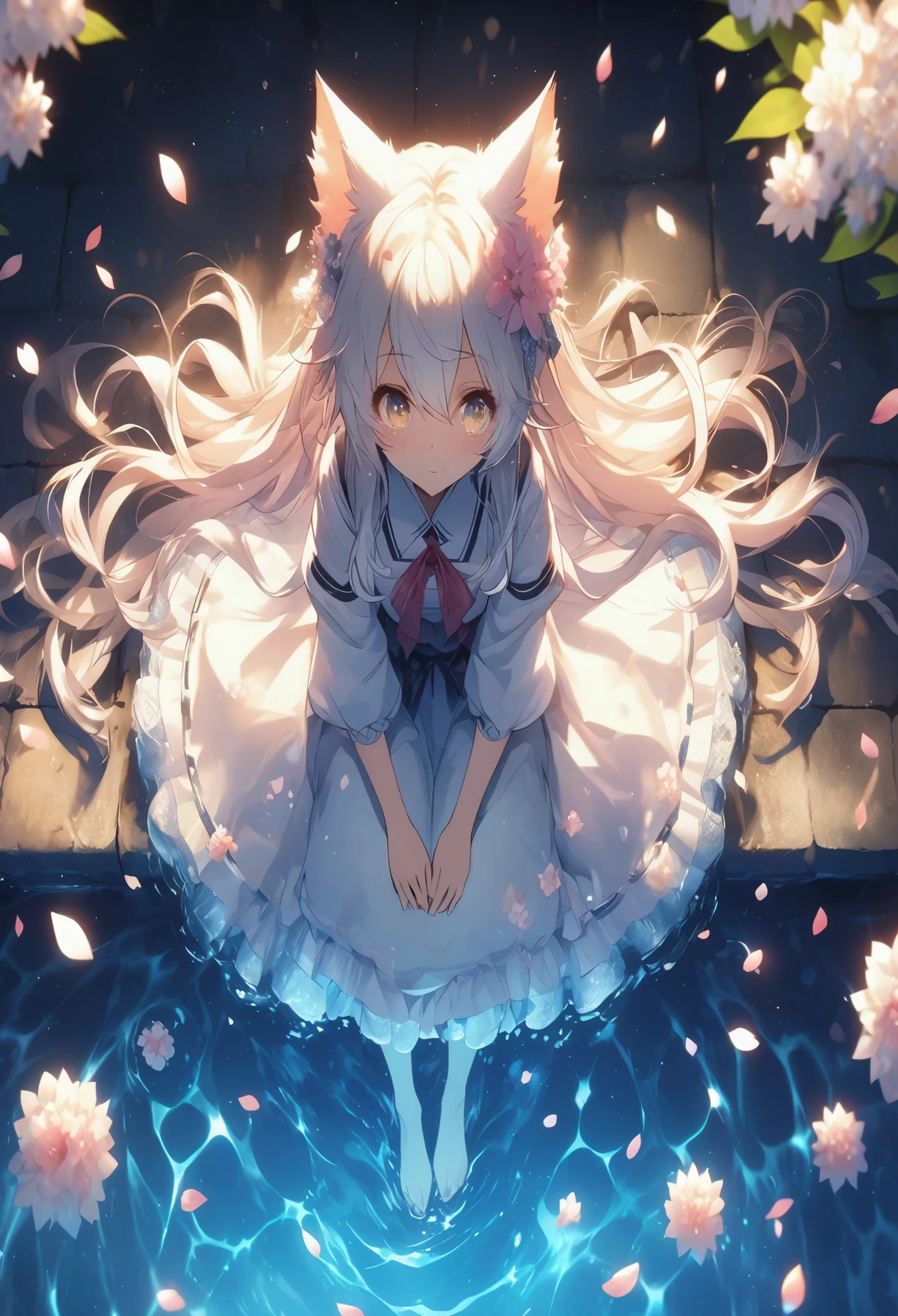 masterpiece, best quality, extremely detailed CG unity 8k wallpaper, An anime illustration from an angle looking down from directly above. Directly below is a white-haired girl with cat ears sitting in the river looking at us. Petals are dancing. Particles of light are dancing throughout. Octane rendering style.
