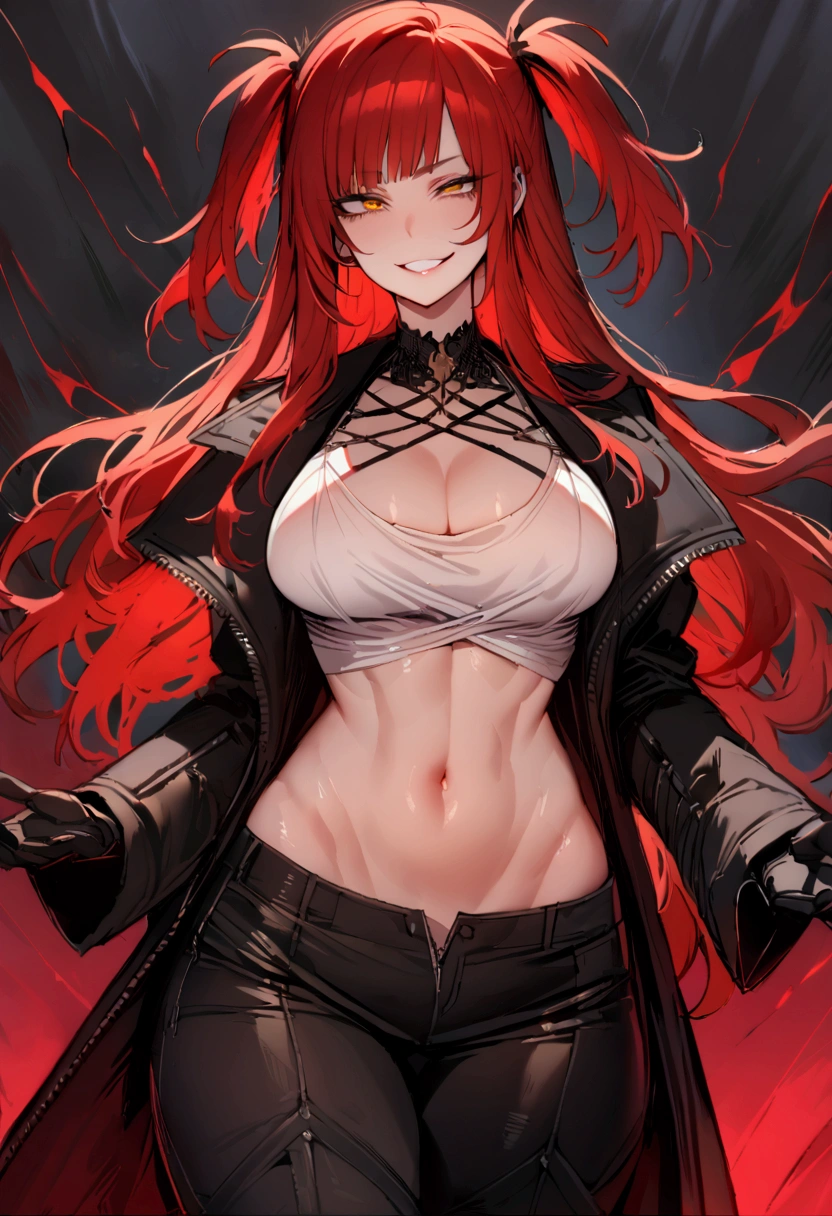 masterpiece, best quality 1girl, solo, beautiful woman, messy bangs, red hair, long hair, hair two side up by black bows , yellow eyes, grin, large breasts, toned stomach, white tank top, long black coat, figureless black gloves, black pants, fantasy looking at viewer