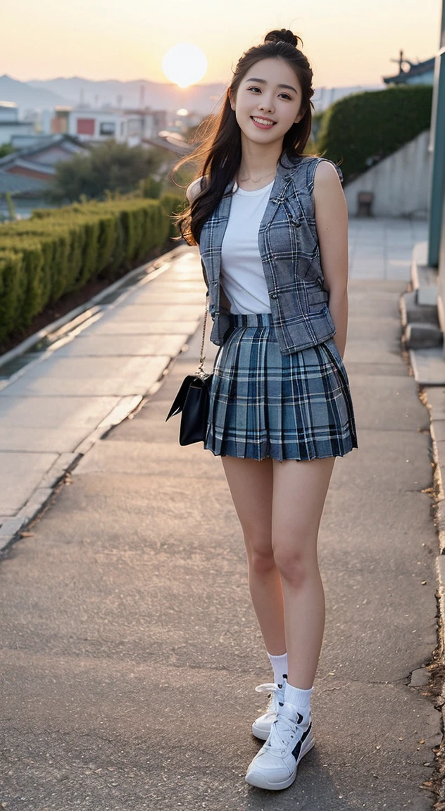 (masterpiece, Top quality, best quality,1 Girl,Korean, Pretty Face, Smile, Long hair, 19 years old, Vest, shorts, White shoes, hills, Full body view, Sunset，((暗红plaid short pleated skirt:1.3))，