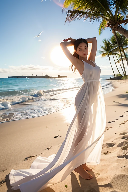 （masterpiece, best quality:1.2), 1 Girl, Solitary, permanent, Raise your arms, stretch, Delicate face, Beautiful and delicate eyes, Beautiful and delicate lips, Long eyelashes, White-skinned female, see through silhouette, White Dress, Flowing fabrics, whole body, outdoor, on the beach, Sands, Clear water, Gentle waves, Blue sky, Bright Sunshine, warm breeze, Tranquil atmosphere, Soft and vibrant colors, Sand castle in the background, Shells scattered on the ground, Seagulls flying in the distance, Palm trees sway in the wind, Relaxed and peaceful atmosphere, Cheerful expression.