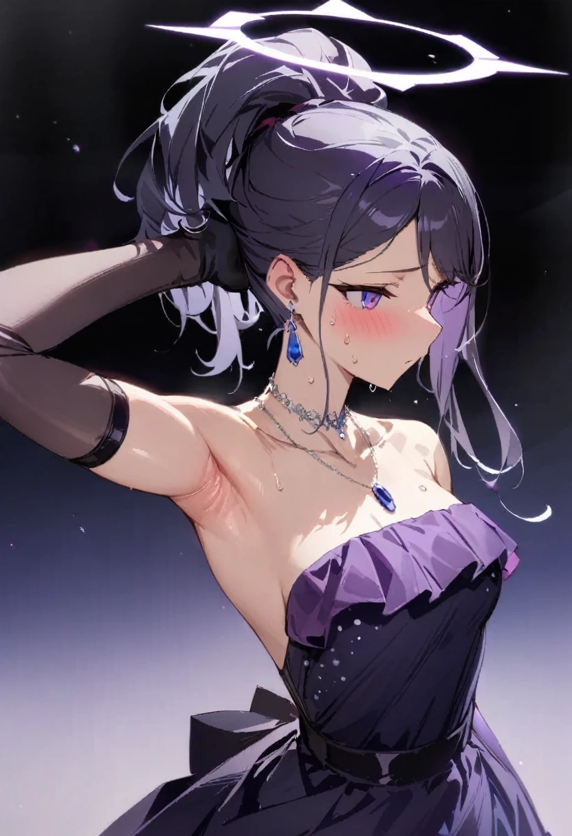 (masterpiece:1.2), 超detail, best quality, (complex_detail:1.1), Exquisite and detailed, rich and colorful, Beautiful hair, Colored eyes, Solitary, Halo, 1 Girl,other,1 Girl,Solitary,Ponytail,Elbow gloves,Purple dress,Black Gloves,Black skirt,Off-shoulder dress,earrings,necklace,Alternative clothing,Shoulder,Upper Body, Sweating,steam,blush, Hair Flip,armpit