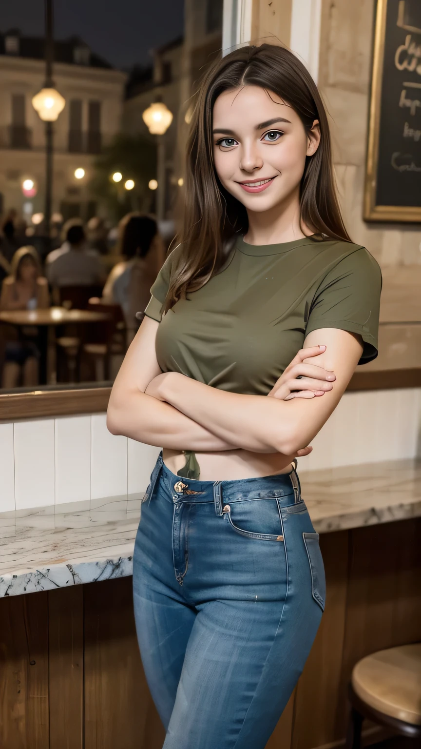 Masterpiece, Best Quality, 8k, 18 years, europea, beautiful, whole body, absurd, Award-winning portrait, SMILE, SMILE, pure, french girl, SMILE feliz, Brown hair, with short green shirt, usa jeans, whole body, is in a cafe at night.