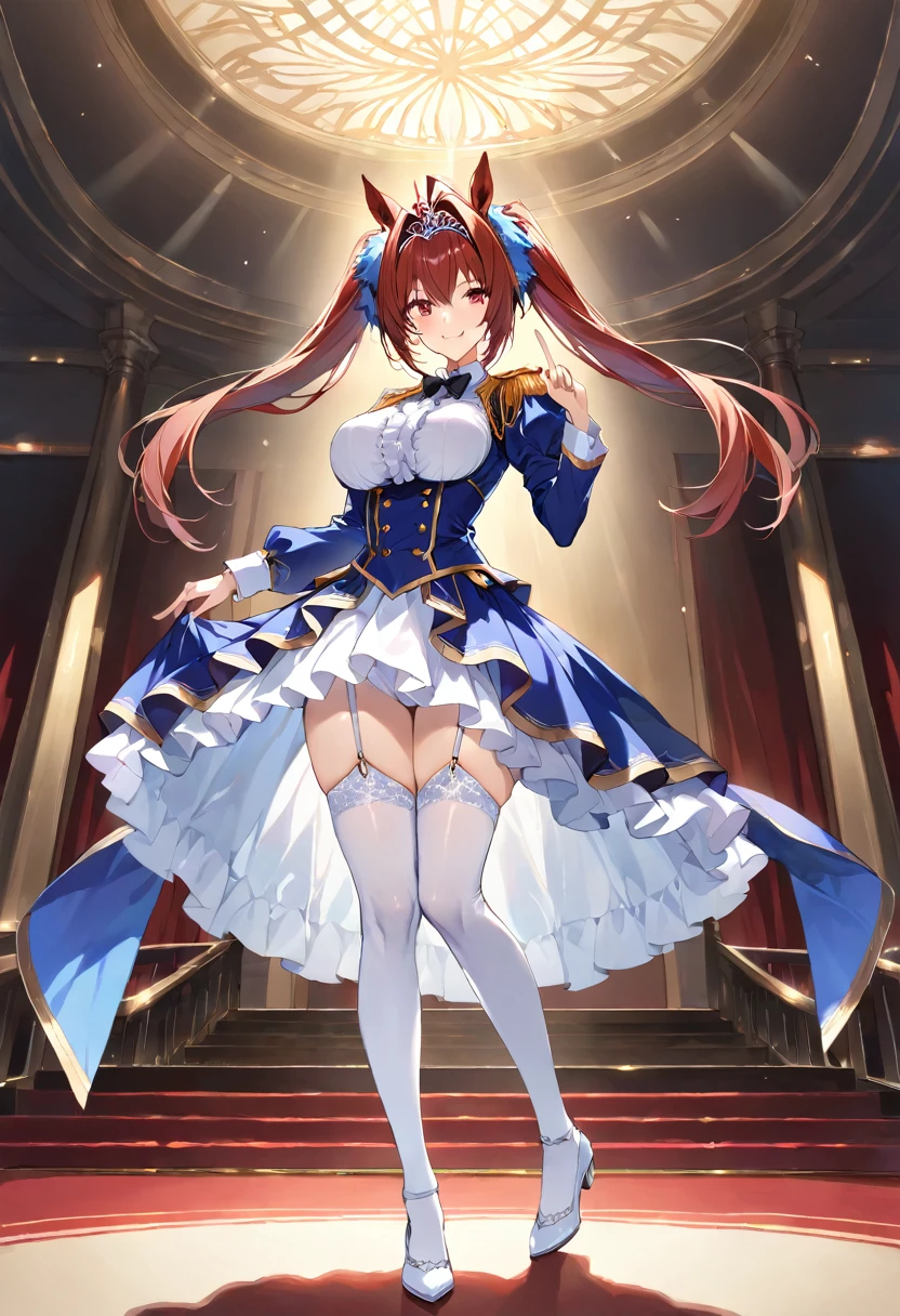 masterpiece, best quality, ultra detailed, sparkling eyes, (solo, 1 girl, ahoge: 1.2), ink painting, Uma Musume, shine, horse ears, horse tail, Uma Musume, 5 fingers, dynamic lighting, High resolution, sharp focus, depth of field, fashionable, elegance, charming, seductive, gorgeous, stunning, beautiful, charming, cute, beautiful detailed face, beautiful detailed eyes, soft expression, slim beautiful figure, Curvy, hourglass shape, large bust, slender arms, graceful hands, delicate fingers, slender wrists, elegant neck, smooth skin, dynamic angles, perfect composition, Perfect anatomy, natural fingers, 5 fingersdaiwa scarlet \(umamusume\), wide shot, full body, leaning forward, hand on hip, blue sky, grass,Twin tails looking at viewer, index finger raised, reaching out, hair bow, red bow, tiara, epaulettes, puffy long sleeves, juliet sleeves, black bowtie, white shirt, framed breasts, blue jacket, blue dress, center frills, underbust, layered skirt, garter straps, white thighhighs, white footwear, full body, smile, Looking forward, stage, indoors, dancing,