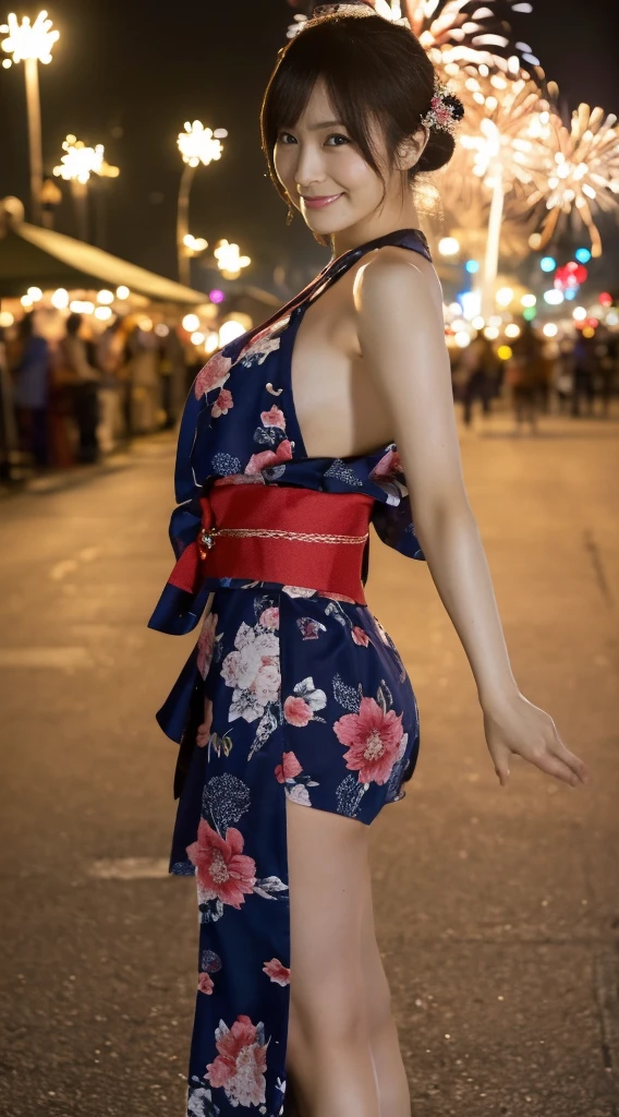 (Masterpiece,Highest quality,Highest quality,8k wallpaper,Ultra-high resolution,Extremely detailed),Facing forward,looking at the camera,Japanese,Sisters,Japanese Beauty,Female college student,Large Breasts,Narrow waist,Not too big butt,Long, slender legs,Yamato Nadeshiko,pure,Sense of clarity,yukata,Sandals,ponytail,hair ornaments,night,Summer festival,Riverbank,Opening a store,firework,色とりどりのfireworkの光,((2人組のFemale college studentがnightのfirework大会でfireworkの華やかな光に包まれながら微笑む様子のスナップ写真))